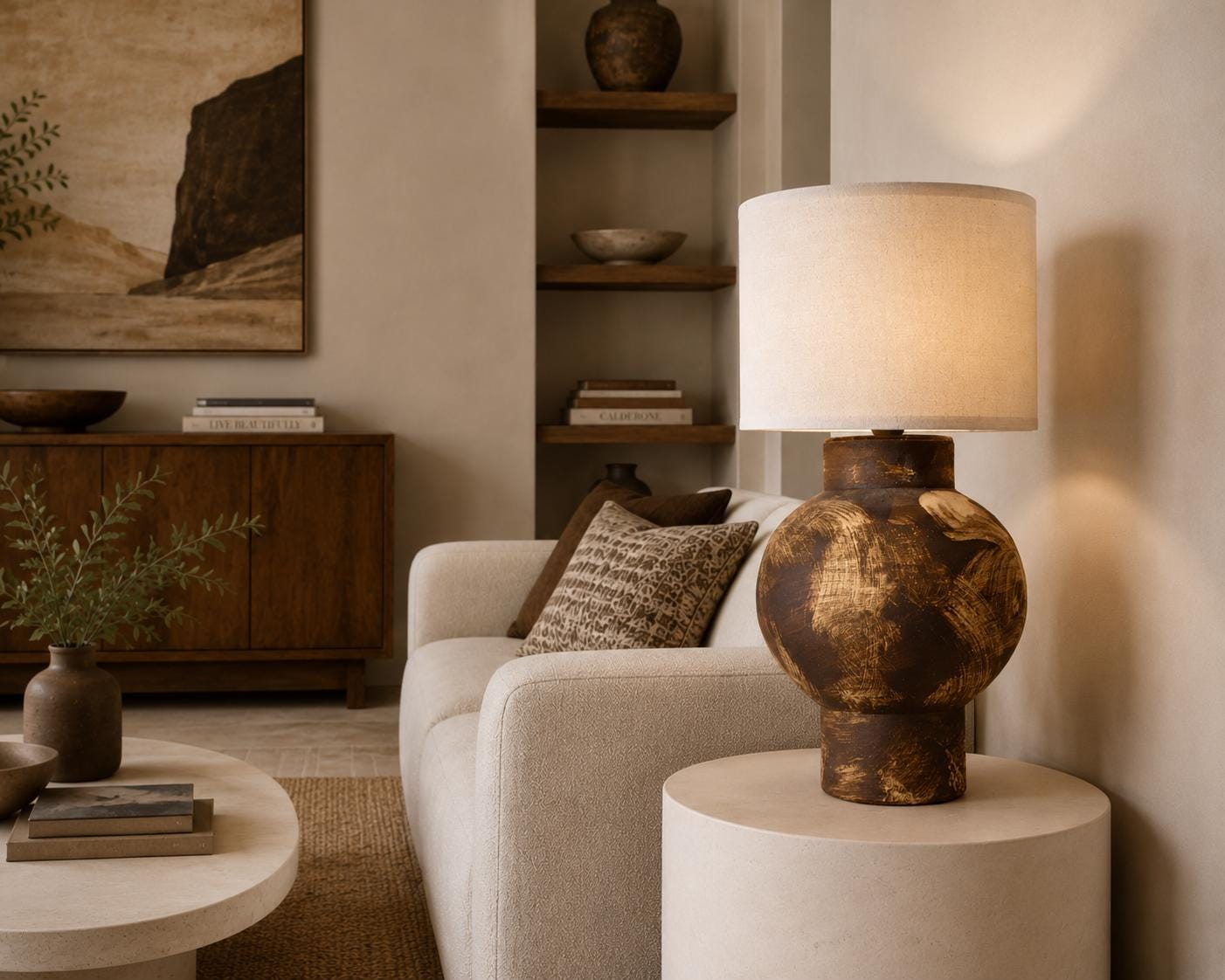 Textured vase brown ceramic table lamp