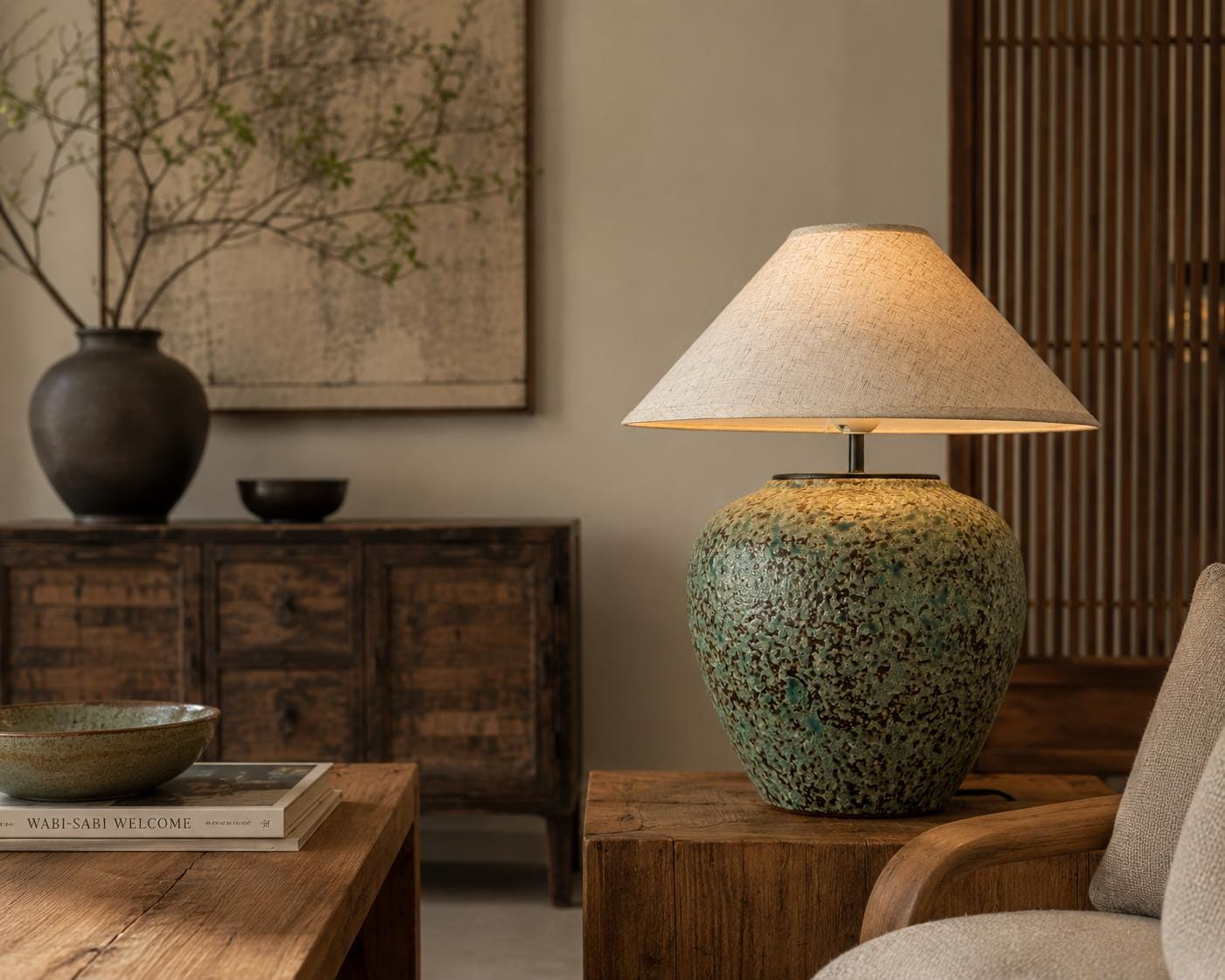 Country style green speckled ceramic table lamp