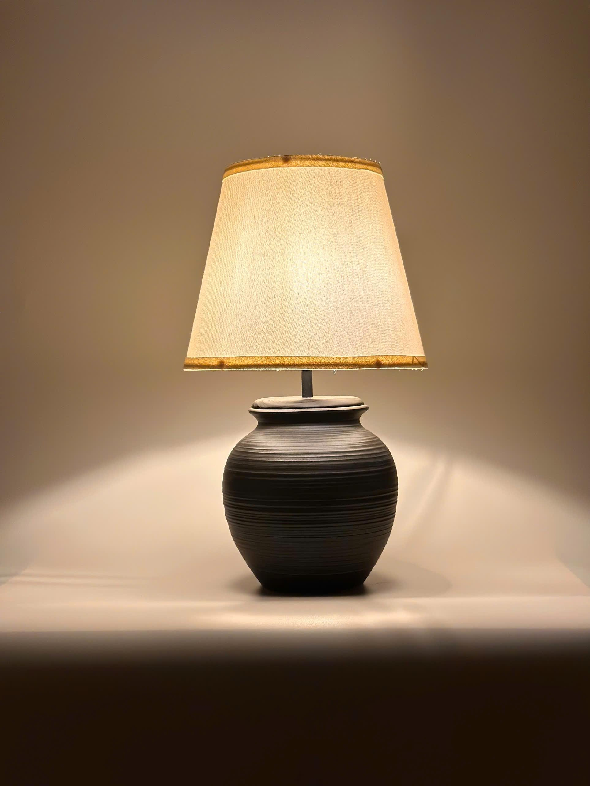 Classic black ribbed ceramic bedside lamp