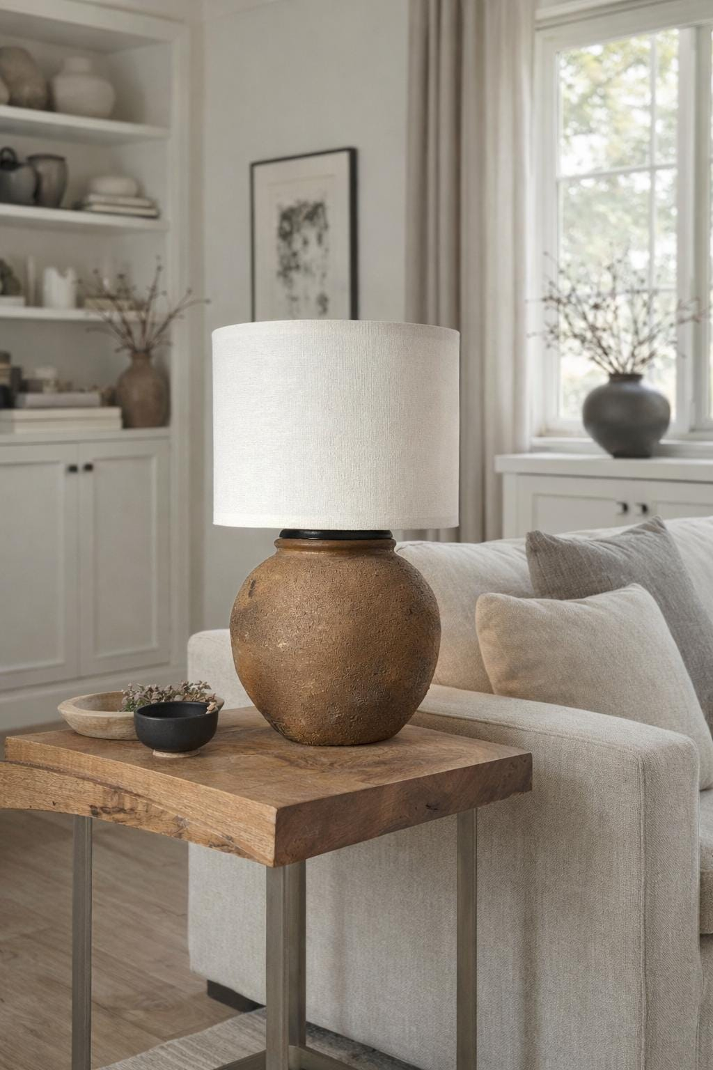 Round country brown ceramic table lamp